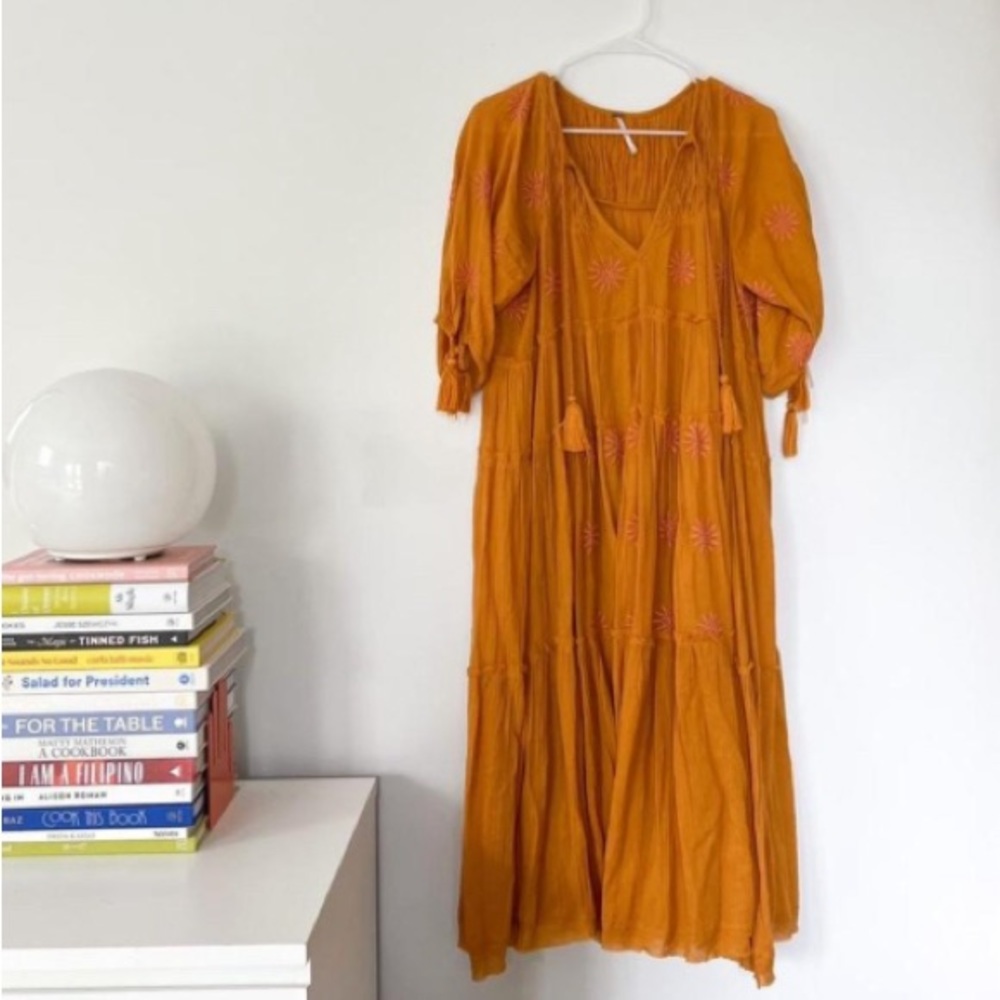 FREE PEOPLE “Celestial Skies” mustard boho hippie flowy dress S/M